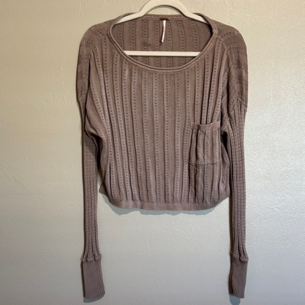Free People Taupe Pointelle Knit Oversized Long Sleeve Top XS